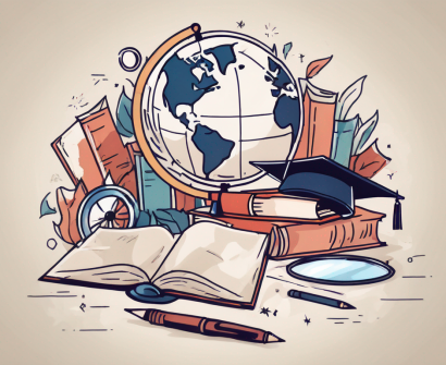 A globe with various educational symbols like books