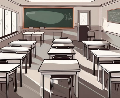 A classroom setting with empty chairs