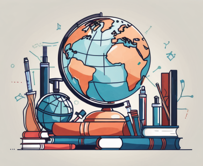 A globe surrounded by various educational tools like books