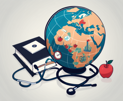 A globe with various iconic educational symbols (like an apple