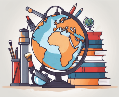 A globe surrounded by various educational tools like books