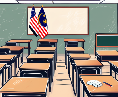 A classroom setting with a few empty chairs