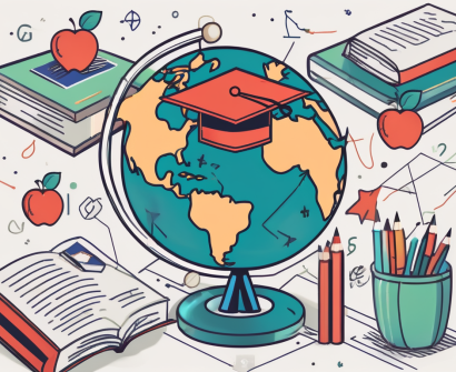 A globe with different teaching symbols like an apple