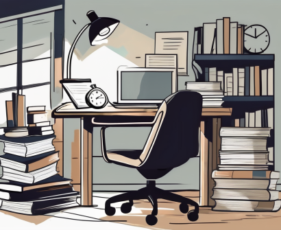 An overflowing desk with books
