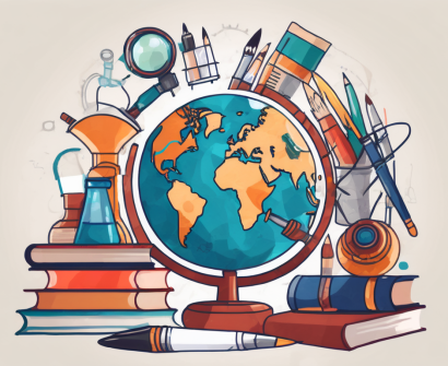 A globe surrounded by various educational tools like books