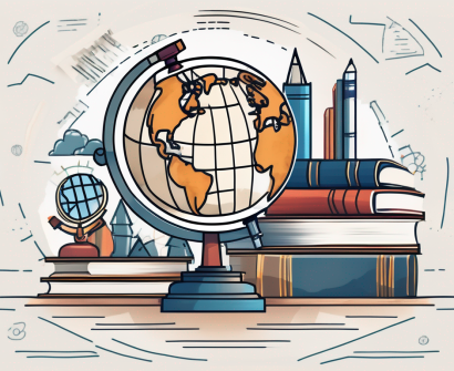 A globe surrounded by various educational tools like books
