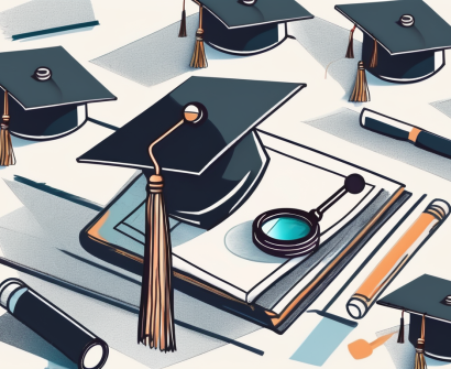 A classroom setting in dubai with a graduation cap and a magnifying glass symbolizing the pgce qualification and job search respectively