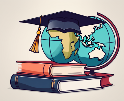 A stack of educational books next to a globe