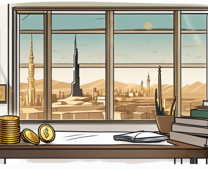 A classroom setting with an ipgce certificate on the wall and a view of saudi arabian landmarks through the window