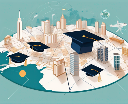 A global map with various international school buildings scattered around and a graduation cap hovering above them