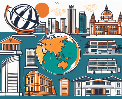 A diverse set of eight symbolic buildings representing international schools in singapore