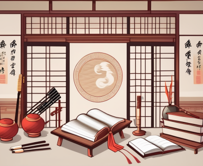 A traditional chinese classroom setting with arts and humanities elements like a paintbrush