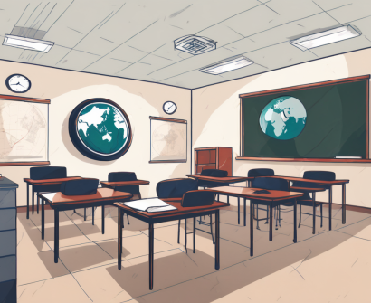 A classroom setting in china with a clock on the wall indicating long hours