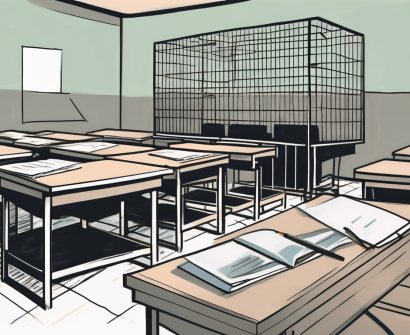 A classroom setting with desks arranged in a row