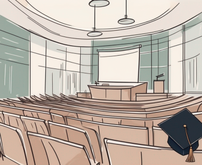A university lecture hall with a graduation cap and a diploma on the podium