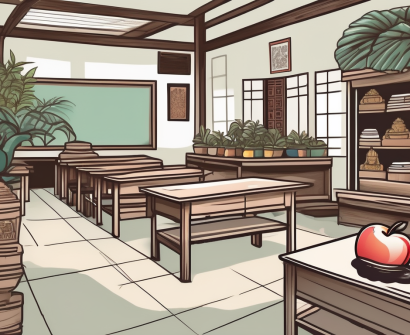 A classroom setting in thailand with teaching materials and an apple on the desk