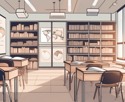 A classroom setting in singapore with various educational resources like books and globes