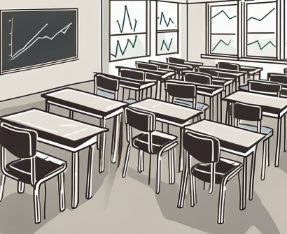A classroom with empty desks and chairs