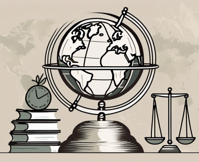 A globe with various international school buildings and a balance scale symbolizing negotiation of contracts and benefits