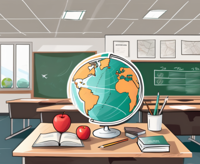 A teacher's desk with a globe focused on vietnam