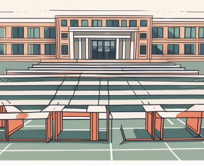 A school building behind a series of hurdles