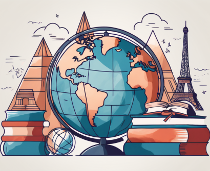 A globe with various iconic landmarks