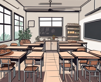 A classroom setting in vietnam with a chalkboard