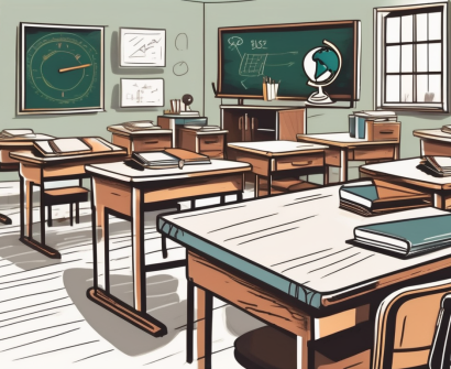 A diverse assortment of empty classroom desks arranged in an orderly fashion