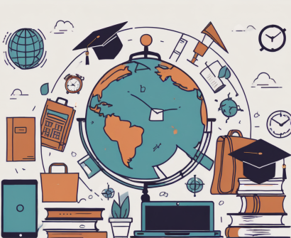 A globe with different educational icons such as a graduation cap