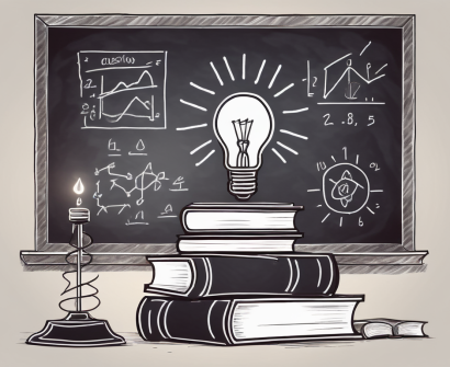 A classroom setting with a chalkboard displaying complex equations