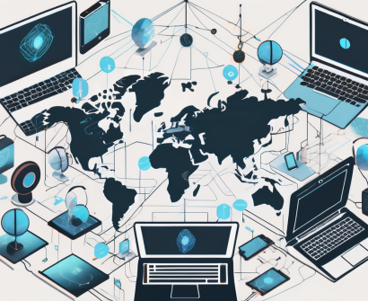A global map interconnected with various technological devices like laptops