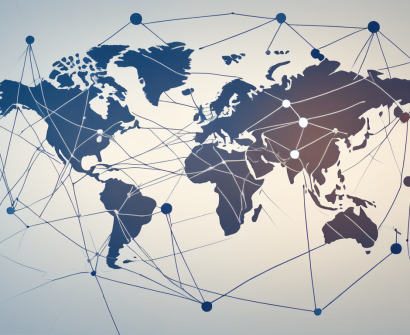 A global map with interconnected nodes representing iqts students