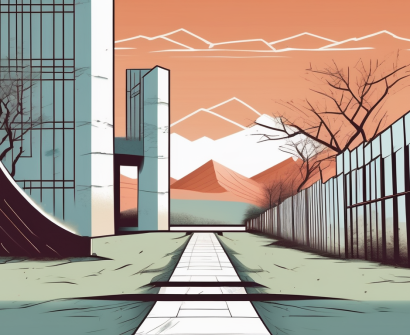 A symbolic broken border wall with four large hurdles on the other side