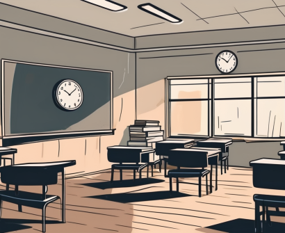 A dimly lit classroom with an apple on the desk