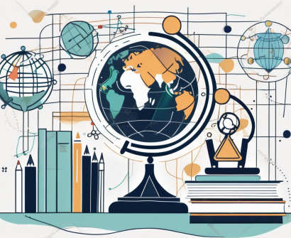A globe with different educational symbols like a graduation cap