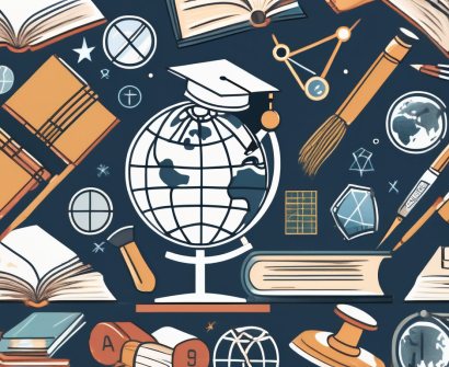 A globe surrounded by various symbols of academic disciplines such as a microscope