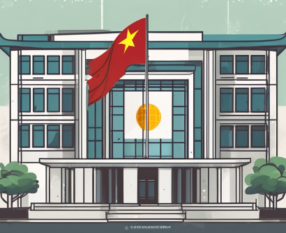 A school building with a vietnamese flag on top
