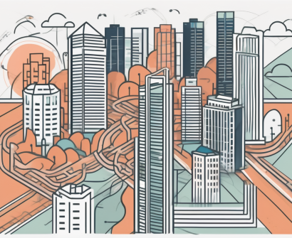 A bustling singapore cityscape with symbolic obstacles like a towering language barrier