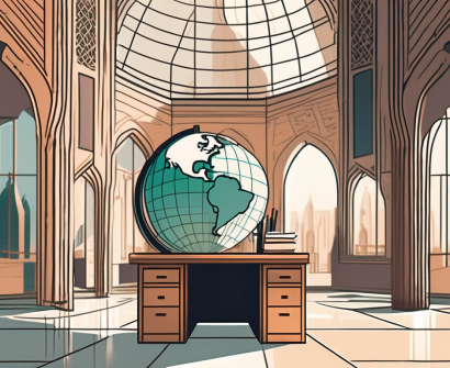 A classroom setting with a teacher's desk