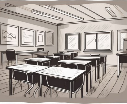 A classroom setting with empty desks