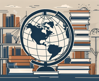 A globe with various international school buildings and a stack of books