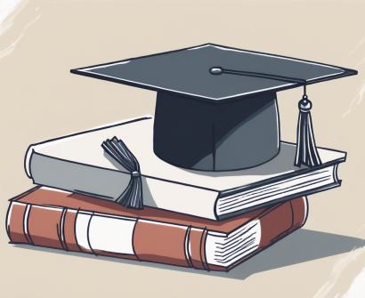 A graduation cap and diploma next to a stack of books