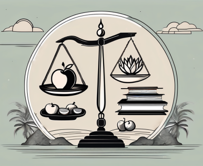 A balanced scale with one side holding symbols of teaching elements like books