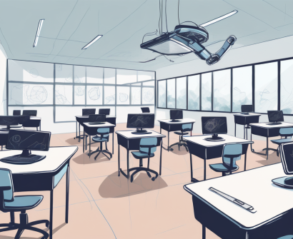 A modern international school classroom equipped with advanced technology like virtual reality headsets