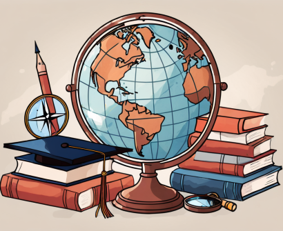 A globe surrounded by various educational tools such as books
