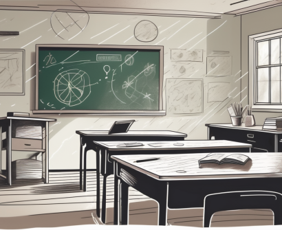 A classroom setting with a teacher's desk in the foreground