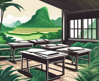 A typical vietnamese classroom with teaching materials and a chalkboard