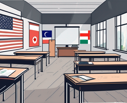 A classroom setting with an empty teacher's desk and a chalkboard