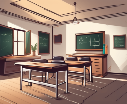 A traditional saudi arabian classroom with an empty teacher's desk