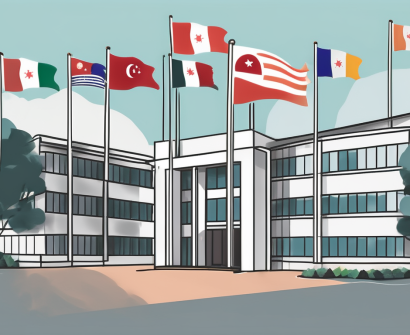 A school building in singapore with a diverse array of flags fluttering around it